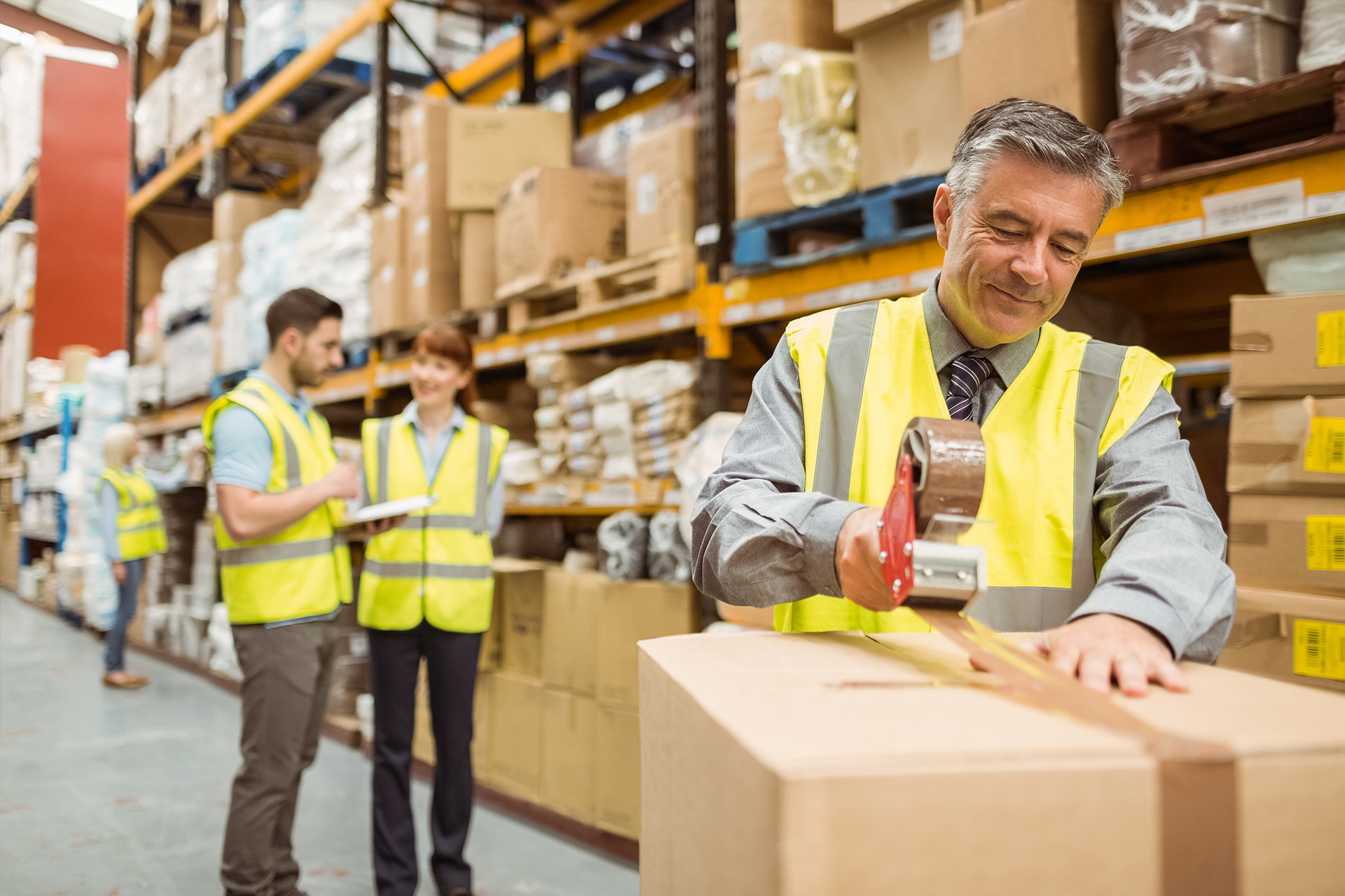 Warehouse workers on the height using lift work platform to check inventory